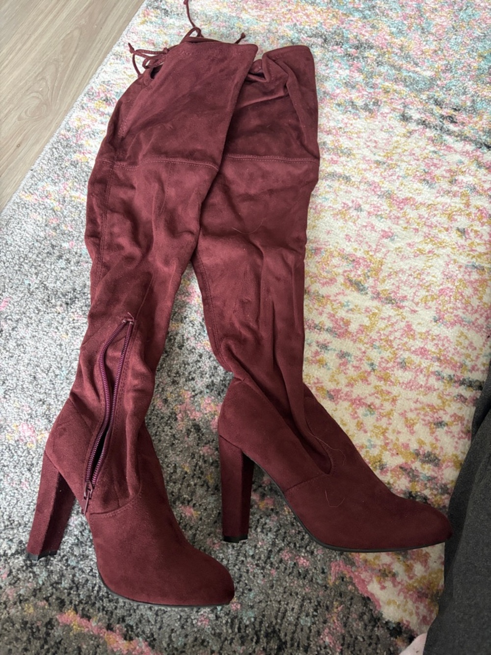 Miss Lola Burgundy Over-the-Knee Suede Heel Boots